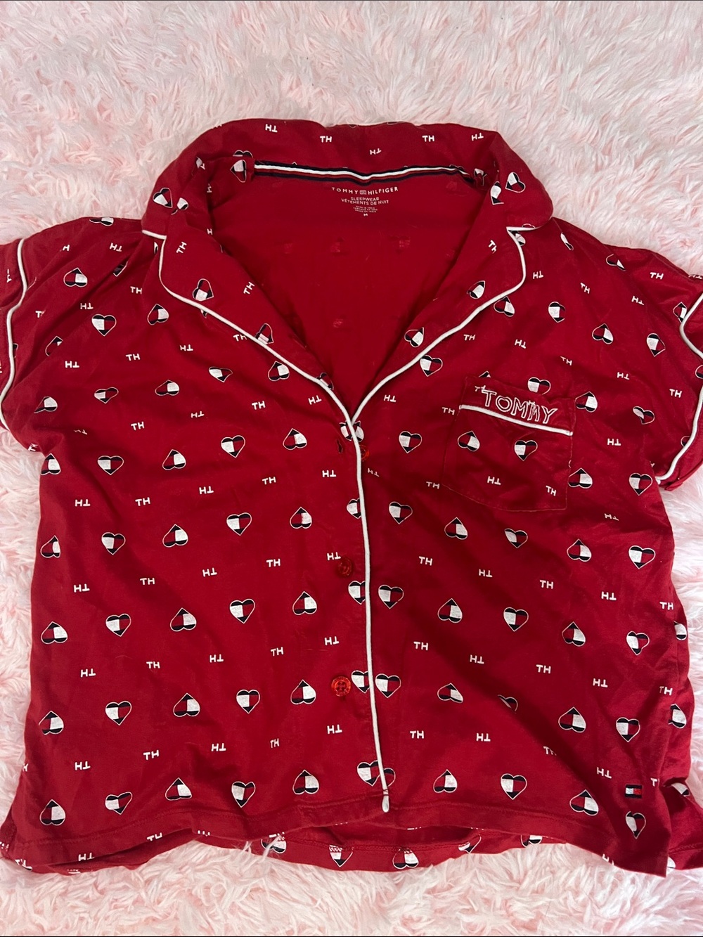 Tommy Hilfiger Red Short-Sleeve Button Shirt with Heart & TH Print